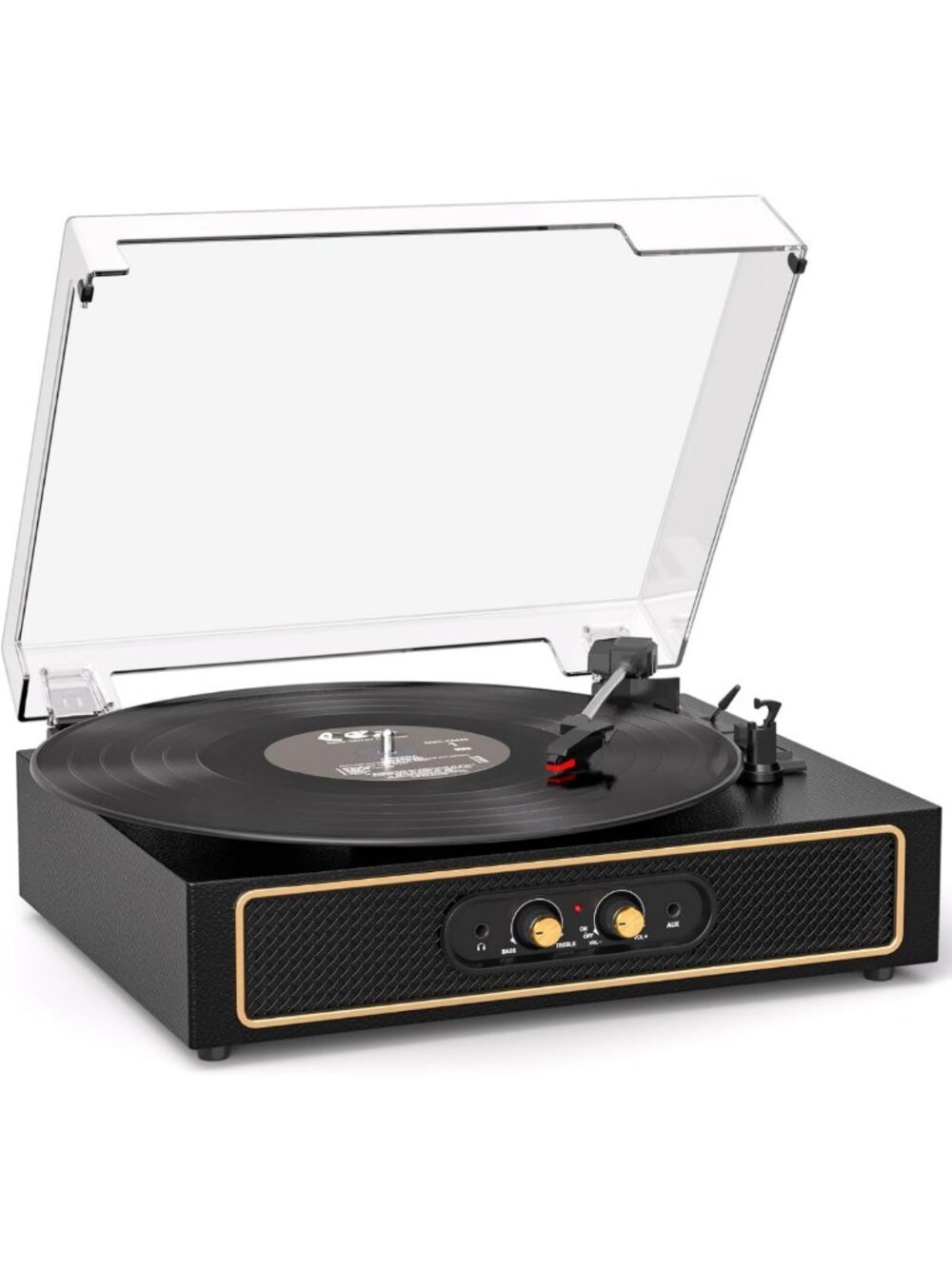 Vintage-Inspired Vinyl Record Player with Speakers, Bass & Treble Control, Black